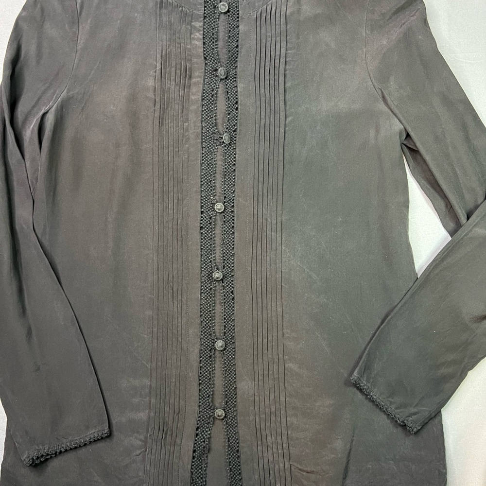 Tory Burch Silk Blouse w/ Crochet Detail & Pintucks – Black – Long Sleeve - Picture 2 of 8
